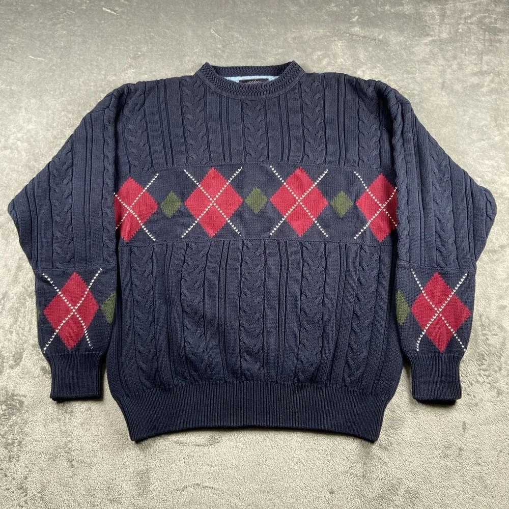 Vintage Woods & Gray Sweater Mens XL Blue Cable Knit Argyle Preppy‎ Heavy Cotton